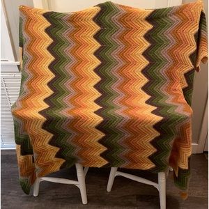 Retro 70s Crochet afghan w/orange, shades of yellow, brown and army green